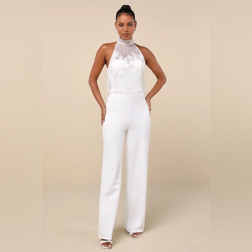 Lulus Formally Invited White Embroidered Organza Flounce Jumpsuit